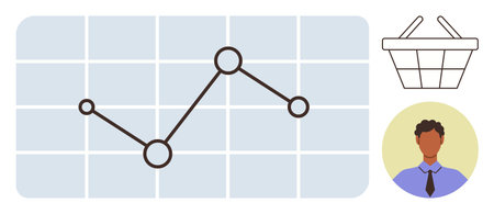 Line graph with data points against a grid, a shopping basket, and a professional avatar. Ideal for analytics, market trends, e-commerce, business strategy, customer insights, decision-making simpleのイラスト素材