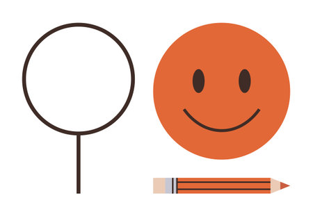 Smiling orange face with bold features, circular frame, and pencil. Ideal for creativity, self-expression, positivity, art design, communication learning and education. Simple flat metaphorのイラスト素材
