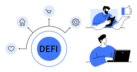 Finance, cryptocurrency, digital economy, technology, remote work, blockchain. Circular DEFI diagram with icons and people using digital devices. Finance and cryptocurrency conceptのイラスト素材