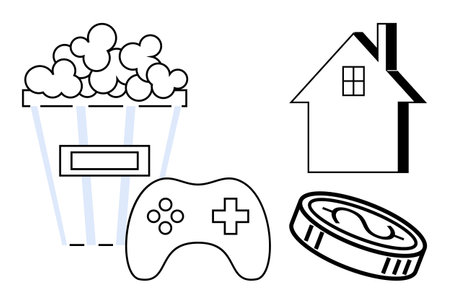 Entertainment, gaming, leisure, home life, movie nights, digital currency. Popcorn bucket, game controller house symbol and coin in a minimalist black-and-white design. Entertainment and gamingのイラスト素材