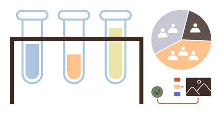 Three test tubes on a stand beside infographics detailing team collaboration and workflow. Ideal for science, research, analysis, teamwork, progress, data sharing, and education. Simple flat metaphorのイラスト素材