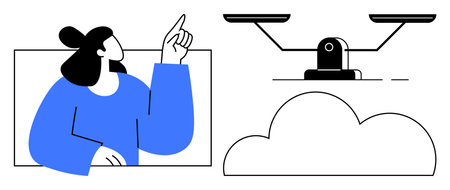 Woman gesturing towards a balance scale and cloud, symbolizing evaluation, choices, and fairness. Ideal for decision-making, balance, justice, equality, introspection critical thinking simple flatのイラスト素材