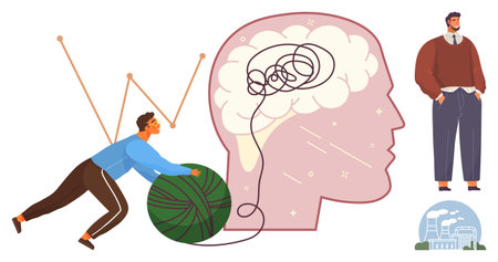 Person pushing a large ball of thread toward a tangled brain visualizing problem-solving and mental clarity. Ideal for psychology, wellness, focus, determination, growth, therapy, and personalのイラスト素材