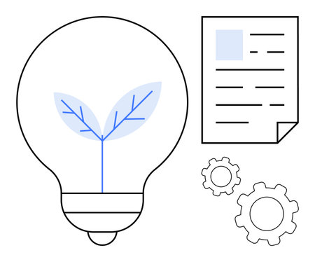 Leaf inside light bulb representing eco-ideas and innovation, accompanied by a document and gears. Ideal for sustainability, green energy, eco-friendly projects, innovation, strategy, technologyのイラスト素材