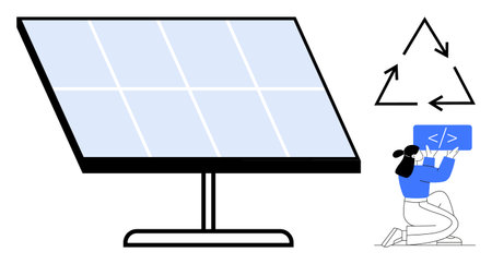 Large solar panel, recycling symbol, and programmer coding on a screen. Ideal for sustainability, energy, coding, green tech, renewable resources, eco innovation simple landing pageのイラスト素材