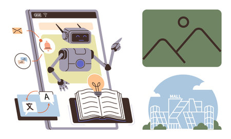 Robot interacting on smartphone screen with open book, light bulb, and language tools. Nearby, visuals include abstract images and mall. Ideal for technology, AI, learning, automation innovationのイラスト素材