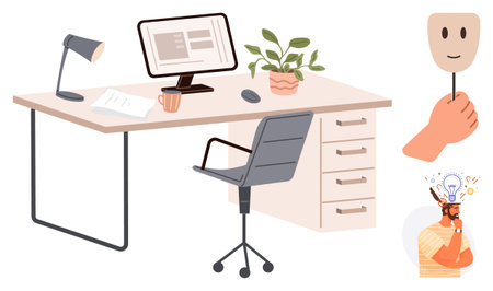 Workspace with desk, chair, laptop, lamp, and plant next to a person holding a smiling mask and a creative thinker with light bulb ideas. Ideal for office, creativity, productivity, brainstormingのイラスト素材