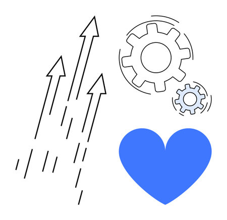 Arrows pointing upward, two gears in motion, and a blue heart symbolize advancement, collaboration, and care. Ideal for business goals, teamwork, innovation, leadership motivation creativityのイラスト素材