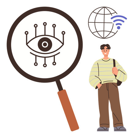 Magnifying glass with central eye and circuits, globe with wireless signal, person standing. Ideal for technology, surveillance, digital innovation, connectivity, AI communication simplicity. Flatのイラスト素材