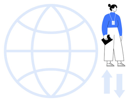 Person holding clipboard stands near globe and arrows. Ideal for global communication, teamwork, networking, data exchange, international business, technology, and decision-making. Simple flatのイラスト素材