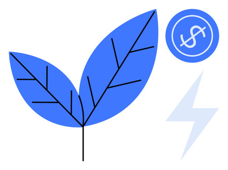Two blue leaves with branching veins, a lightning bolt, and a dollar sign. Ideal for sustainability, green energy, eco-finance, renewable resources, environmental conservation, efficiencyのイラスト素材