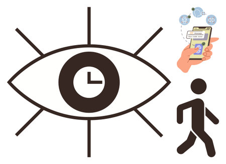 Eye with clock signifying time focus, hand using phone with notifications, and walking figure. Ideal for time tracking, productivity, technology, motion, communication, efficiency simple flatのイラスト素材