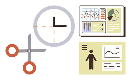 Scissors cutting clock alongside analytics display and personal dashboard graphics with charts. Ideal for productivity, time optimization, data analysis, planning, workflow, efficiency, simple flatのイラスト素材