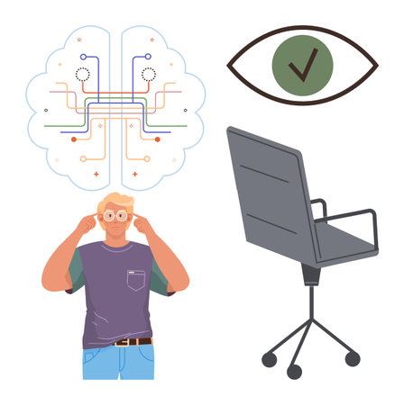 Man contemplating with brain circuit diagram above, eye with checkmark suggesting focus, office chair indicating workplace. Ideal for productivity, innovation, focus, technology, analysis, workplaceのイラスト素材