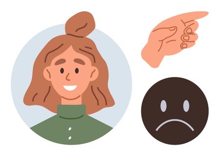 Smiling woman in profile circle, hand pointing right, and sad face icon. Ideal for emotion representation, decision-making, feedback, options, communication, mood dynamics positive-negativeのイラスト素材