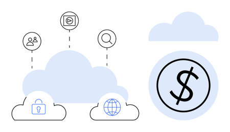 Digital cloud icons representing security, user networks, global connectivity, search, media, and financial growth. Ideal for technology, business, finance cybersecurity innovation ITのイラスト素材
