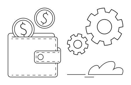 Wallet releasing coins alongside interlocking gears in motion. Ideal for finance, savings, technology, efficiency, workflow, automation, and economy concepts. Simple flat metaphorのイラスト素材