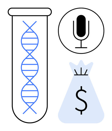 DNA strand in test tube, microphone, and money bag depicting themes of research, innovation, science funding, communication, and technological progress. Ideal for biology, biotechnology healthcareのイラスト素材