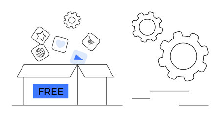 Open box labeled Free releasing icons thumbs up a heart, star, play button, and shopping cart amidst connected gears. Ideal for resources, technology, creativity, innovation, ideas teamwork simpleのイラスト素材