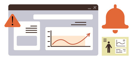 Dashboard displaying alert, bell notification, rising data chart, and user insights card. Ideal for analytics, management, forecasting, monitoring reporting technology strategy. Simple flatのイラスト素材