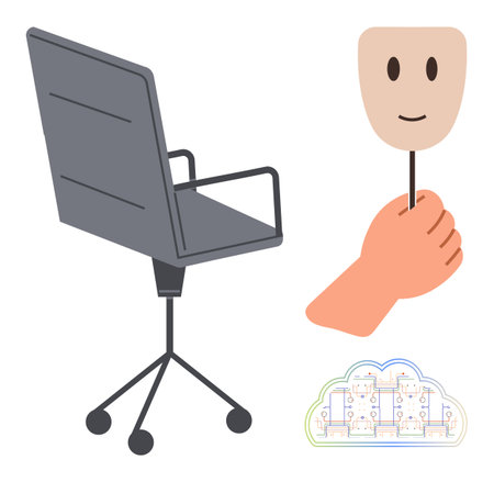 Office chair symbolizes workspace, hand holds a smiling mask suggesting hidden identity, cloud-shaped flowchart highlights structured thinking. Ideal for teamwork, psychology, remote workのイラスト素材