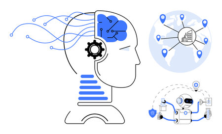 Human silhouette with a digital brain, global connection map with location points, and a multifunctional robot. Ideal for AI, machine learning, network technology, automation, innovation, dataのイラスト素材
