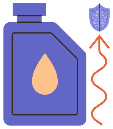 Motor oil container with a droplet, upward arrow, swirling line, and shield with binary code. Ideal for energy conservation, automotive maintenance, data protection, advanced technology, innovationのイラスト素材