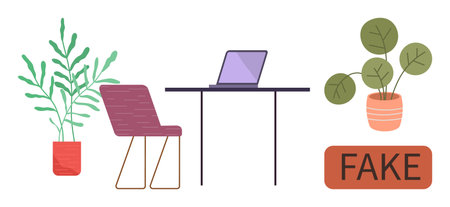 Minimalist desk setup featuring a laptop, chair, real and fake potted plants, and a Fake label sign. Ideal for office decor, remote work, productivity, sustainability, creativity authenticityのイラスト素材