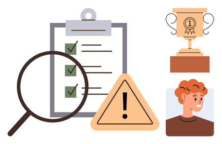 Magnifying glass placed over clipboard checklist, warning sign below. Golden trophy and smiling person nearby. Ideal for success, achievement, quality control, evaluation, safety, teamwork goalのイラスト素材