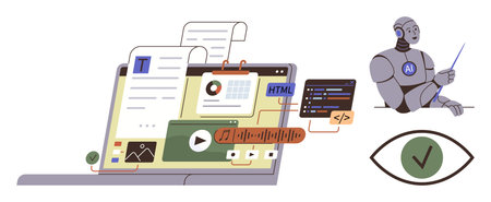 Robot assisting content generation with coding, multimedia editing, and text tools on a laptop. Ideal for technology, AI tools, content creation, automation, programming, design and innovationのイラスト素材