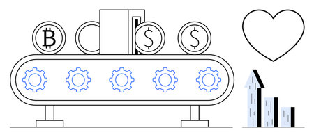 Conveyor belt carrying Bitcoin, dollar coins, and documents, accompanied by heart and upward bar chart. Ideal for finance, cryptocurrency, investment, economy, technology startup simple landingのイラスト素材