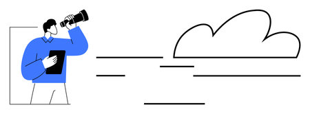 Man holding binoculars and tablet, looking towards distant opportunities. Ideal for vision, strategy, exploration, planning, forecasting, goal setting leadership. A simple flat metaphorのイラスト素材