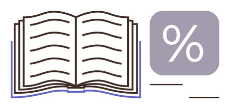 Open book with detailed pages accompanied by a large percentage icon signifying learning, analysis, statistics, and financial literacy. Ideal for learning, education, finance, research, strategyのイラスト素材