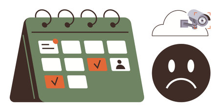 Calendar displaying tasks, cloud-based surveillance camera, and sad face expressing anxiety. Ideal for time management, deadlines, stress, productivity, surveillance, privacy concerns simple flatのイラスト素材