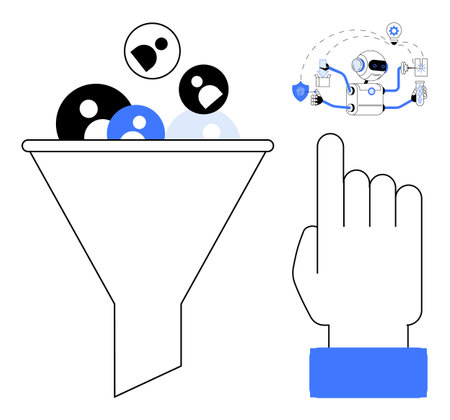 Funnel filtering users, hand pointing with a click icon, and a robot showcasing automation processes. Ideal for marketing, customer targeting, AI, automation, technology, business strategy digitalのイラスト素材