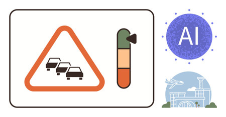 Traffic jam warning sign with cars, congestion level bar, AI concept, and airport icon. Ideal for transport, logistics, technology, efficiency innovation automation smart systems. Simple flatのイラスト素材
