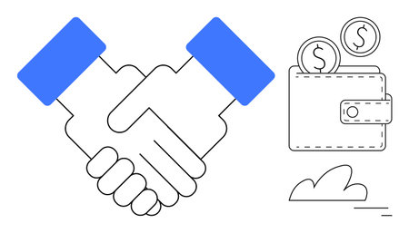 Handshake representing collaboration beside wallet with coins for payment or savings. Ideal for business deal, partnership, finance, investment, banking, e-commerce, simple landing pageのイラスト素材