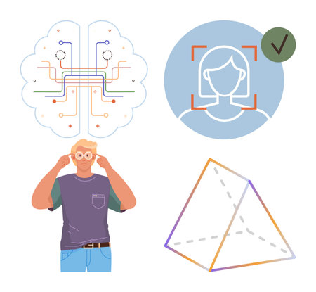 Brain with circuits, facial recognition scan with tick, person with glasses thinking, geometric prism. Ideal for AI, identity, innovation, creativity learning technology education. Simple flatのイラスト素材
