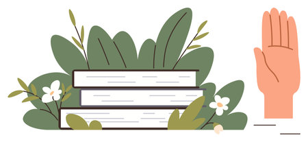 Books stacked among green leaves and flowers next to a raised hand symbolizing knowledge, learning, environment, sustainability, awareness, community, and responsibility. Ideal for educationのイラスト素材