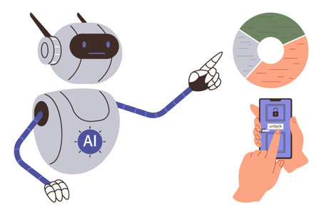 AI robot pointing at circular data chart while user operates smartphone unlock screen. Ideal for technology, AI, automation, human-machine interaction, data analysis, innovation, productivity. Simpleのイラスト素材
