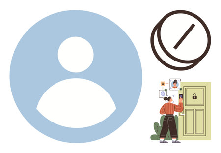 User standing at a door with lock, uploading photo for identity verification, large profile icon, restricted sign. Ideal for security, privacy, access control, identity, technology authenticationのイラスト素材