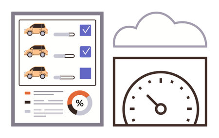 Checklist with cars, progress sliders, and checkmarks next to a speedometer and data chart under a cloud. Ideal for data analytics, car performance, technology, efficiency, monitoring, cloud storageのイラスト素材