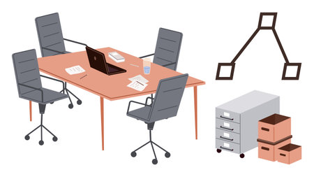Office meeting table with four swivel chairs, laptop, scattered papers, water glass, file cabinet, stackable boxes, and abstract organizational chart. Ideal for teamwork, collaboration office spaceのイラスト素材