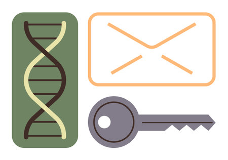 DNA strand, key, and envelope icons representing concepts thumbs up genetics, security, communication, and technology. Ideal for healthcare, data security, genetics encryption communicationのイラスト素材