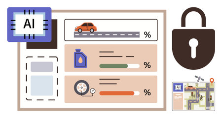 AI chip, car performance chart, fuel level, tire pressure, lock icon, and map visual. Ideal for AI, automation car technology analytics security data visualization innovation. Simple flatのイラスト素材