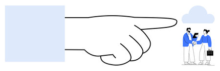 Large hand gestures toward two professionals shaking hands under cloud motif. Ideal for teamwork, digital solutions, direction, business, partnerships, leadership, collaboration. Simple flat metaphorのイラスト素材