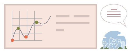 Chart with rising trends on a grid, speech bubble showing text, building silhouette in the background. Ideal for business, statistics, analytics, education, teamwork growth strategy. Simple flatのイラスト素材