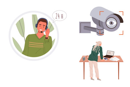 Person with headset providing 24-hour customer service, surveillance camera monitoring, individual working at desk with laptop. Ideal for technology, teamwork, communication, business, monitoringのイラスト素材