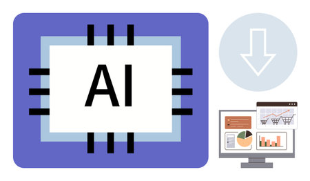 AI microchip with connecting lines, downward arrow, and computer monitor showing analytics charts. Ideal for innovation, technology, automation, analytics, efficiency, AI and digital transformationのイラスト素材