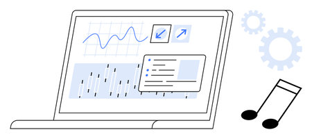 Laptop screen displaying graphs, data charts, and audio waveforms alongside musical notes and gear elements. Ideal for technology, analytics, creative process, music production, education, digitalのイラスト素材